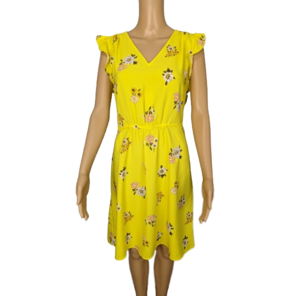 LOFT Outlet Yellow Floral Ruffle Sleeve Dress M